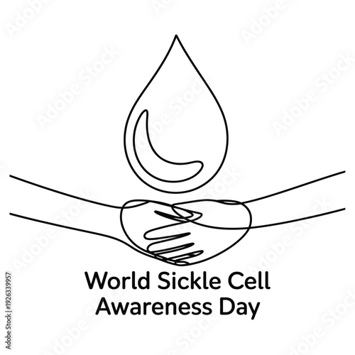 World sickle cell awareness day line art banner with blood drop and caring hands
