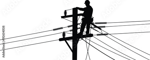 Electrician worker repairing power lines on utility pole, electrical maintenance technician black vector isolated illustration