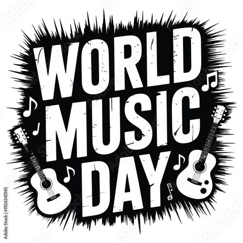 World music day with guitars and musical notes in an explosion background