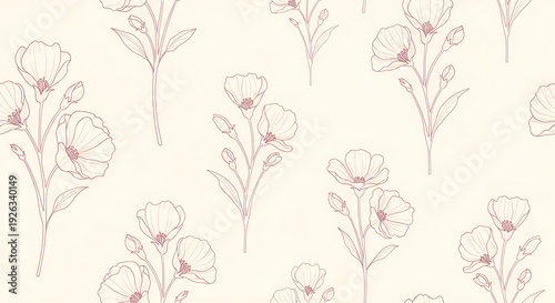 Delicate hand-drawn floral pattern with elegant botanical line art flowers in soft blush pink, perfect for vintage textiles, charming stationery, and decorative backgrounds