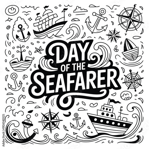 Day of the seafarer hand drawn doodle poster with ships anchors and sea waves