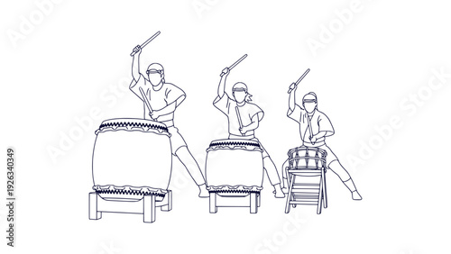 Dynamic Japanese Taiko Drummers Performing Traditional Percussion Music Vector Outline Art