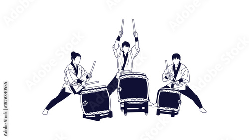 Dynamic Taiko Drummers Group Performing Traditional Japanese Festival Music Performance Vector