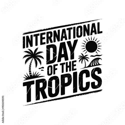 International day of tropics with palm trees, sun, and waves background