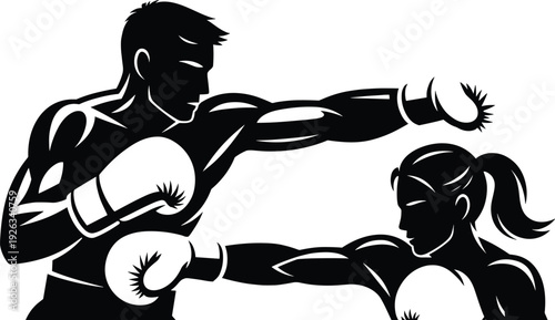 Boxing fighters silhouette vector illustration featuring male and female athletes sparring with gloves, dynamic combat sport action scene, strength, power and fitness training concept