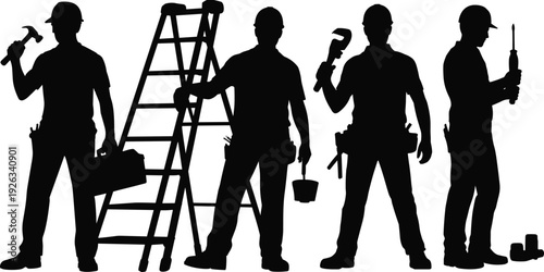 Construction workers silhouettes with tools and ladder, professional handyman team black vector isolated illustration set