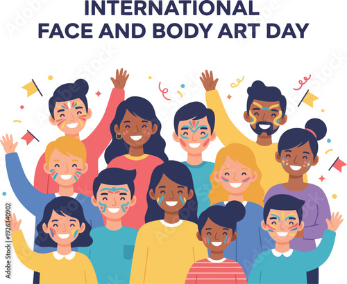 A vibrant gathering of diverse individuals celebrating the beauty of artistic expression with colorful face and body paint designs, reflecting joy and unity