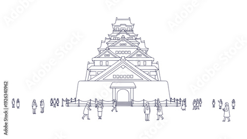 Iconic Japanese Osaka Castle Landmark Vector Illustration Tourists Exploring Historical Cultural Site