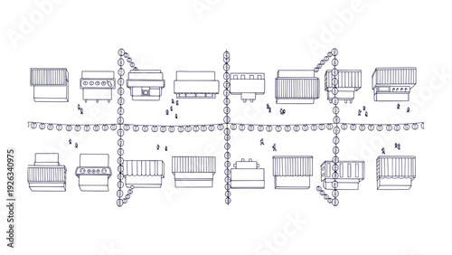 Vibrant Hand Drawn Street Market Food Stalls Top View Vector Illustration with Festive Lanterns