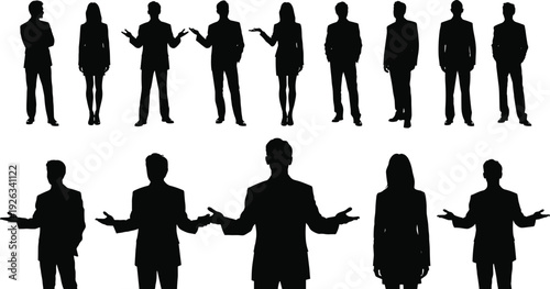 Business people silhouette collection featuring men and women in formal suits, corporate team standing and presenting, professional office workers isolated on white background vector illustration