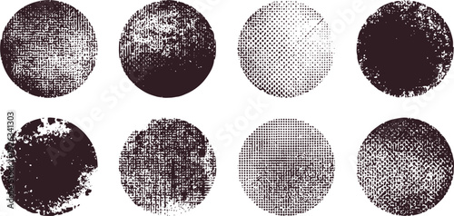 Eight dark brown textured circles on white background