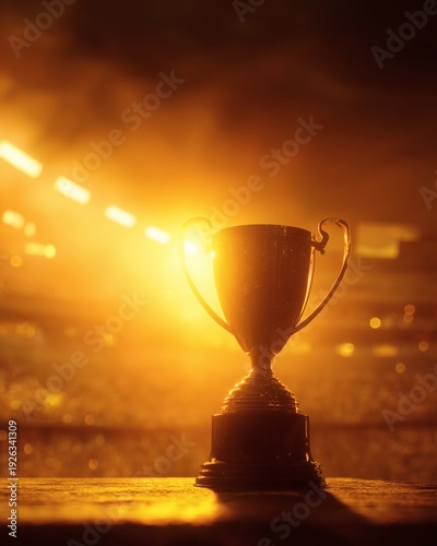 Wallpaper Mural Silhouette of winner cup on sports arena surface with bright sunset light and blurred crowd. Torontodigital.ca