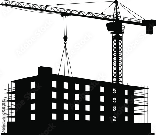 Construction crane lifting building structure silhouette, urban development industrial project isolated black vector illustration