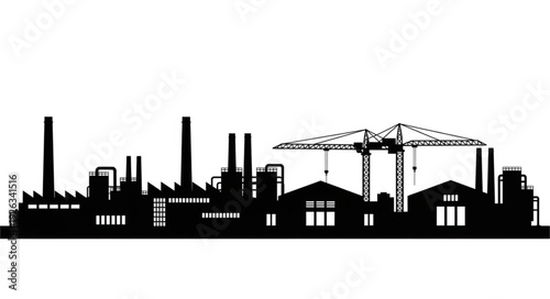 Industrial silhouette of factories and construction cranes against white background.