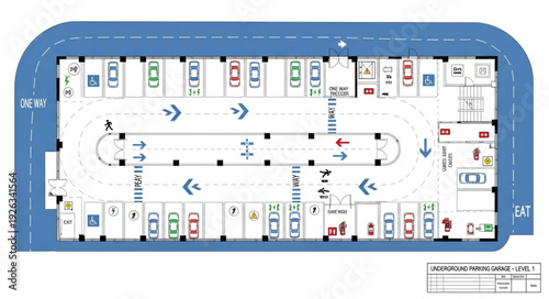 Detailed parking lot layout with car spaces and directional arrows for easy navigation.