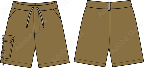 Flat vector cad drawing of brown cargo shorts with drawstring waist, side flap pocket, summer style, casual fashion illustration