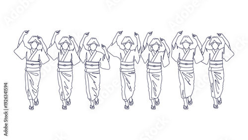 Elegant Traditional Japanese Folk Dance Festival Celebration People Line Art Vector