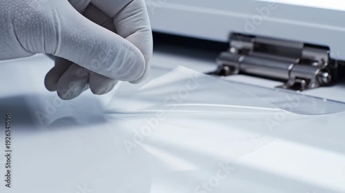 Gloved hand carefully peeling clear protective film from a pristine surface in a cleanroom environment