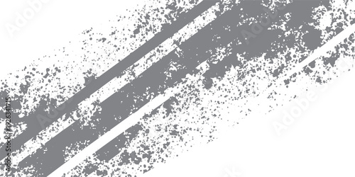 Gray paint splatters and stripes on white background