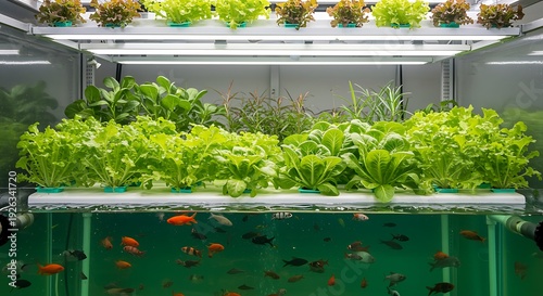 Modern Aquaponics System Growing Fresh Vegetables With Fish Tank Below