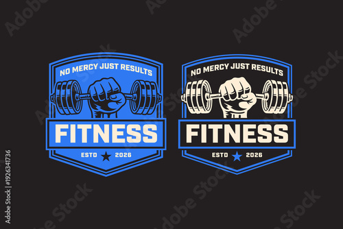 Fist gripping barbell retro badge logo design for gym and fitness. Powerlifting barbell vintage patch sticker pack for sport club. Gym workout fist rustic emblem element bundle for exercise training