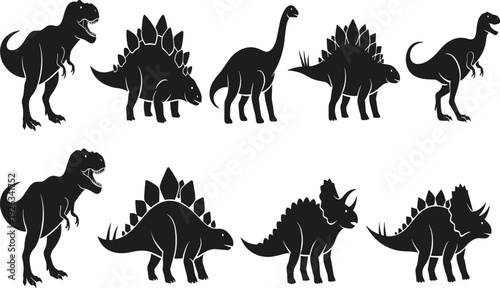 Black silhouette dinosaur vector illustrations, diverse prehistoric species including Tyrannosaurus, Stegosaurus, Triceratops, and Brachiosaurus for educational art and design use