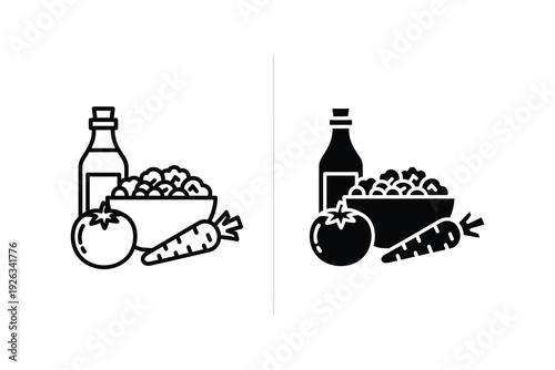 Healthy Food Ingredients Icon Set: Vegetables and Oil for Cooking