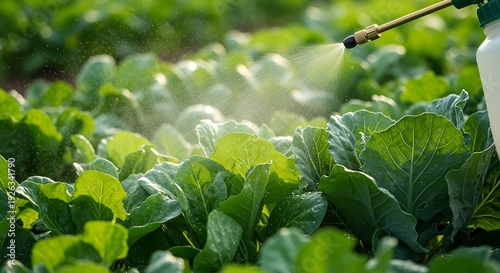 Person spraying pesticide or fertilizer on healthy green leafy vegetable plants outdoors