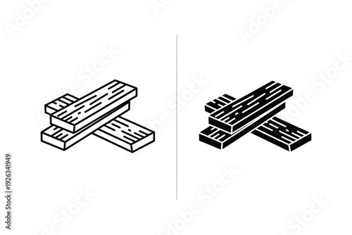 Stack of Wooden Planks Icons in Line Art and Solid Black