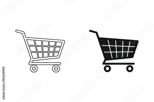 Shopping Cart Icons in Outline and Solid Black for E-commerce