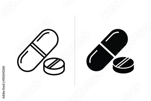 Medical Pill and Capsule Icons - Health and Medicine in Black and White