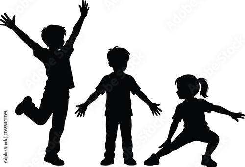 Black vector silhouette set of diverse children jumping and stretching with raised arms for youth achievement school education success and happy childhood lifestyle branding(25words)