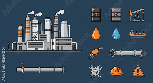 Industrial refinery complex with oil barrels and related equipment, vector illustration.