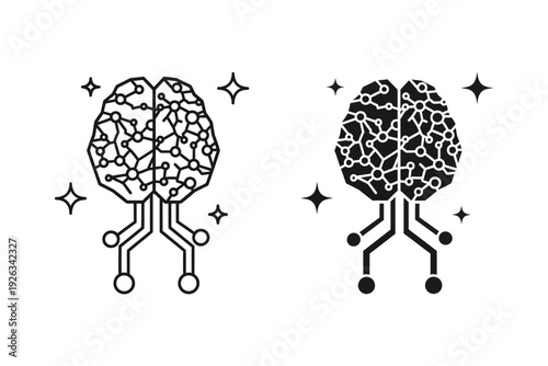 Artificial Intelligence Brain Icons in Outline and Solid Styles