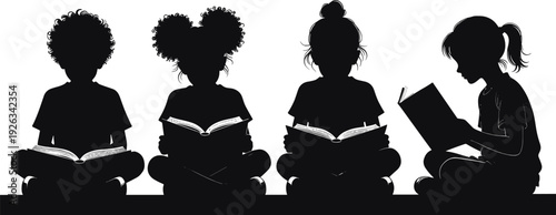 Black vector silhouette set of diverse children sitting cross legged and reading books for childhood literacy primary education and library branding, cad drawing flat vector illustration (25 words)
