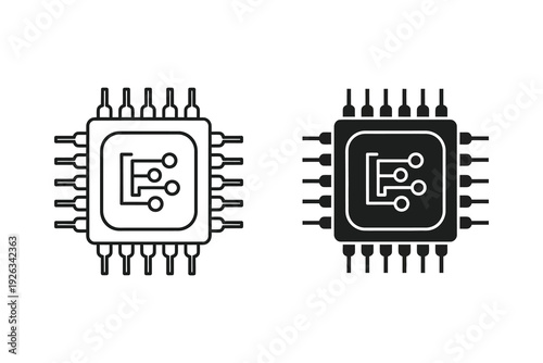 Microchip CPU Icon: Central Processing Unit in Black and White Vector
