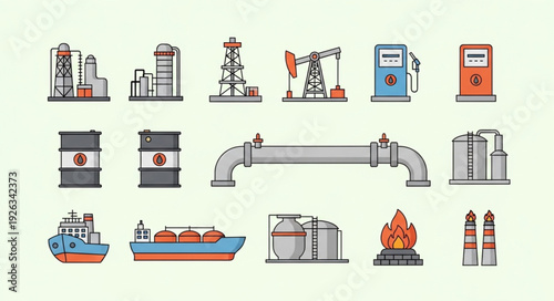 Oil and gas industry production and transportation icons set.