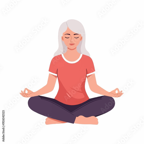 Elderly woman with long white hair sits calmly in a lotus position practicing meditation and achieving inner peace.