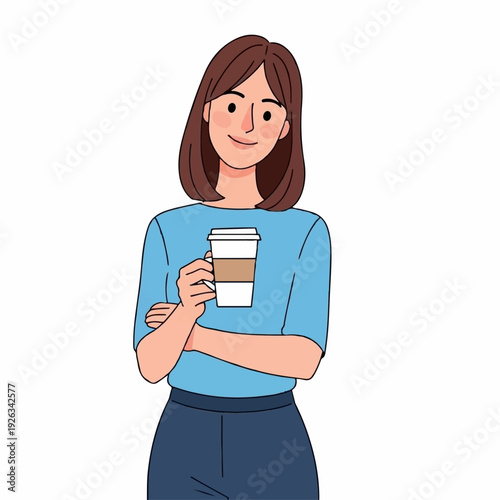 Smiling woman holding disposable coffee cup with cardboard sleeve, suggesting a casual break or morning beverage routine.
