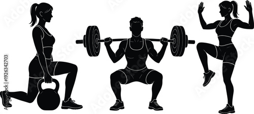 Silhouette Athletes Performing Strength Training Exercises with Barbell and Kettlebell, Fitness Workout Routine, Bodybuilding and Functional Training Concept Illustration(25words)