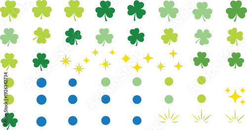 A collection of shamrocks, stars, and circles in various shades of green, yellow, and blue.