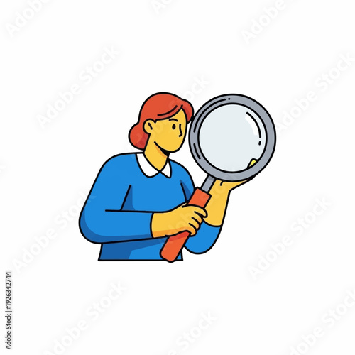 Woman holding a large magnifying glass intently examines a tiny detail, symbolizing research, scrutiny, and close inspection of data.