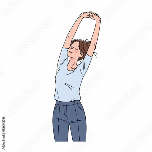 Person stretches arms overhead in a refreshing pose, indicating morning routine, relaxation, or taking a mindful break from work.