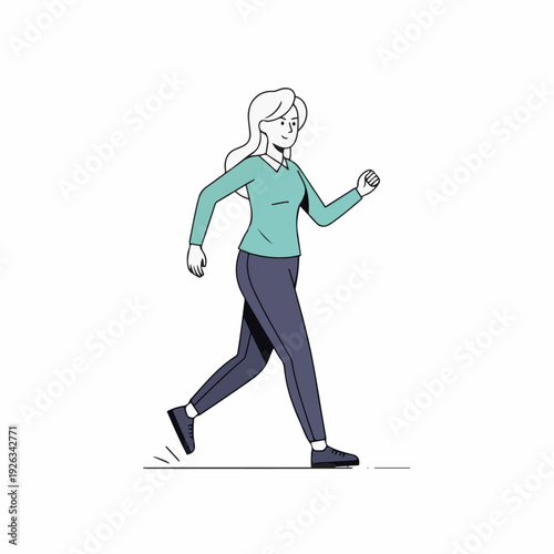 Female character walks forward with determination, illustrating progress, movement, or taking the next step in a journey.
