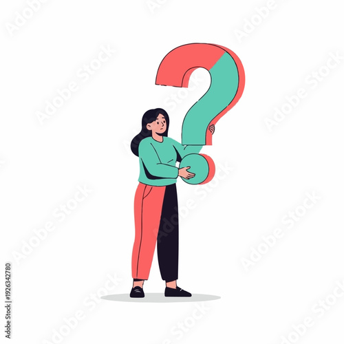 Woman holds a large, colorful question mark symbolizing confusion, doubt, or seeking answers on a difficult problem.