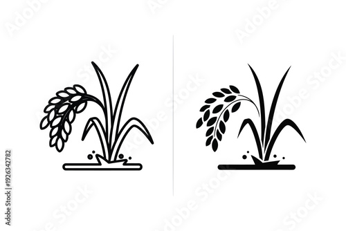 Organic Rice Plant Icon Set for Agriculture, Food, and Culinary Concepts