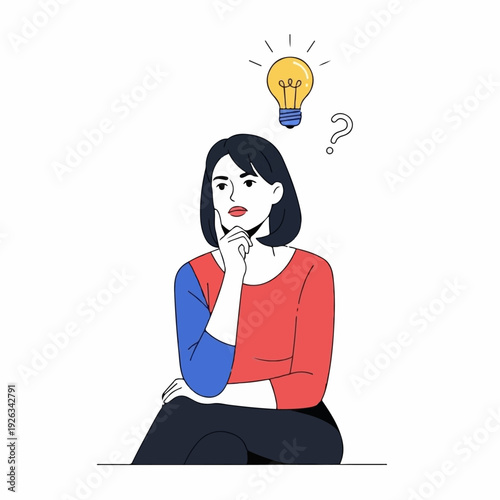 Pensive woman sits thoughtfully with hand on chin beneath a glowing lightbulb representing a sudden moment of creative insight.