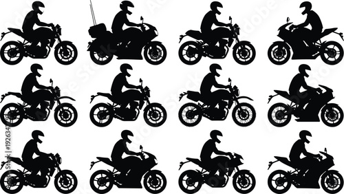 Motorcycle rider silhouettes collection with sport bikes and street motorcycles, biker in helmet side view vector illustration set isolated on white background