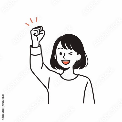 Joyful young woman raises a clenched fist in the air to celebrate a significant achievement or successful outcome with a big smile.