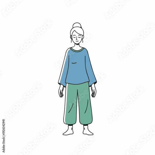 Calm woman stands still with eyes closed, demonstrating a moment of quiet meditation, mindfulness, or self-reflection on a plain background.